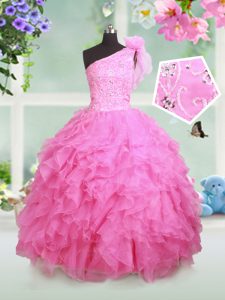 One Shoulder Rose Pink Lace Up Winning Pageant Gowns Beading and Ruffles and Hand Made Flower Sleeveless Floor Length