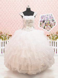 Custom Design Straps Beading and Ruffled Layers Girls Pageant Dresses White Lace Up Cap Sleeves Floor Length