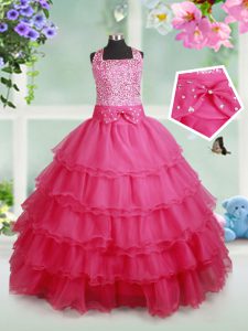 Elegant Halter Top Hot Pink Sleeveless Beading and Ruffled Layers and Bowknot Floor Length Little Girls Pageant Gowns