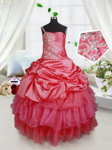 Beading and Ruffled Layers Child Pageant Dress Red Lace Up Sleeveless Floor Length