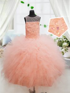 Exquisite Scoop Floor Length Ball Gowns Sleeveless Peach Pageant Dress for Girls Zipper