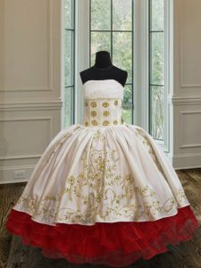 Hot Selling Ruffled Ball Gowns Pageant Dresses White and Red Strapless Organza and Taffeta Sleeveless Floor Length Lace Up