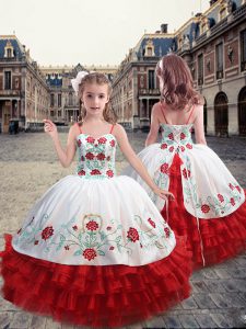 Inexpensive Straps Floor Length Ball Gowns Sleeveless White and Red Glitz Pageant Dress Lace Up