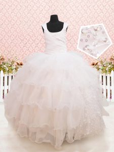 Customized Scoop White Ball Gowns Beading and Ruffled Layers and Sequins Pageant Dress Womens Lace Up Organza Sleeveless Floor Length
