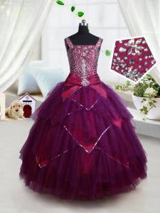 Stunning Dark Purple Square Neckline Beading and Ruffles and Belt Pageant Dress for Teens Sleeveless Lace Up