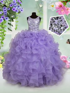 Lavender Scoop Neckline Beading and Ruffles High School Pageant Dress Sleeveless Zipper