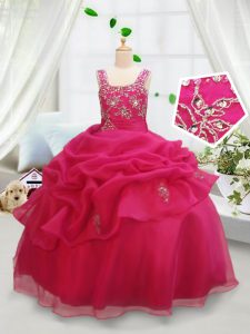 Lovely Square Pick Ups Floor Length Ball Gowns Sleeveless Hot Pink Pageant Gowns Zipper