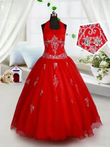 Halter Top Red Ball Gowns Beading and Appliques Kids Pageant Dress Lace Up Organza Sleeveless Floor Length