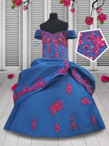 Off the Shoulder Beading and Appliques and Pick Ups High School Pageant Dress Blue Lace Up Sleeveless Floor Length
