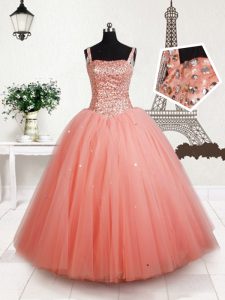 Dramatic Peach Tulle Lace Up Straps Sleeveless Floor Length High School Pageant Dress Beading