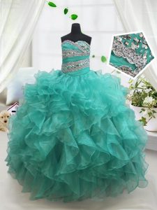 Customized Turquoise Lace Up Sweetheart Beading and Ruffles Pageant Dress for Girls Organza Sleeveless