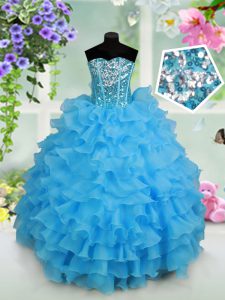 Superior Baby Blue Lace Up Pageant Dress Beading and Ruffled Layers and Sequins Sleeveless Floor Length