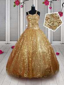 Straps Gold Sleeveless Beading and Sequins Floor Length Custom Made Pageant Dress