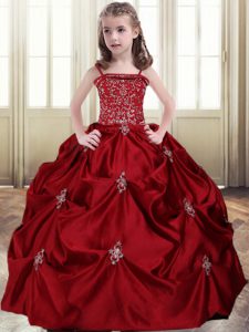 Pick Ups Ball Gowns Pageant Dress Womens Wine Red Spaghetti Straps Taffeta Sleeveless Floor Length Lace Up