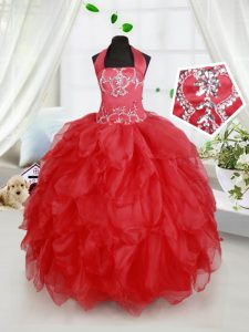 Halter Top Beading and Ruffles Girls Pageant Dresses Red Lace Up Sleeveless Floor Length