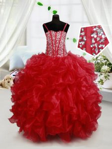 Spaghetti Straps Sleeveless Lace Up Pageant Gowns Red Organza