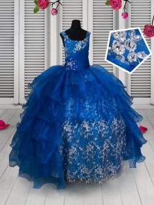 Best Ruffled Scoop Sleeveless Lace Up Pageant Dress for Womens Royal Blue Organza and Lace