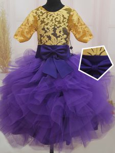 Stylish Mini Length Eggplant Purple and Gold Pageant Dress for Teens Scoop Short Sleeves Zipper