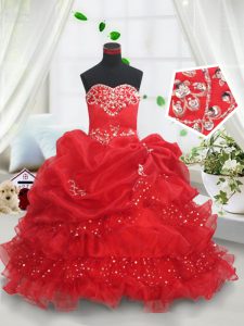 Sweetheart Sleeveless Pageant Dress for Teens Floor Length Beading and Ruffled Layers and Sequins and Pick Ups Red Organza