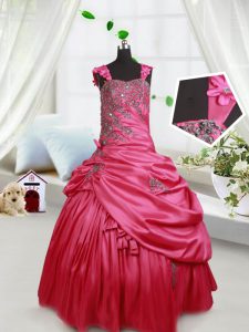 Straps Floor Length Hot Pink Pageant Gowns For Girls Taffeta Sleeveless Beading and Appliques and Pick Ups