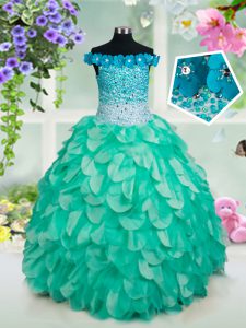 Turquoise Ball Gowns Organza Off The Shoulder Sleeveless Beading and Appliques and Ruffles Floor Length Lace Up Custom Made Pageant Dress