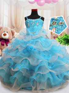Straps Sleeveless Beading and Appliques and Ruffled Layers Zipper Little Girl Pageant Dress