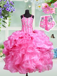 Adorable Straps Sleeveless Lace Up Floor Length Beading and Ruffles and Pick Ups Custom Made Pageant Dress