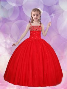 Straps Sleeveless Little Girl Pageant Dress Floor Length Beading Red Tulle