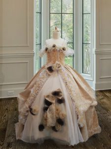 Off the Shoulder Champagne Clasp Handle Pageant Dress for Girls Lace and Ruffles and Hand Made Flower Sleeveless Floor Length