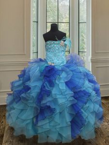 Beading and Ruffles Girls Pageant Dresses Blue Lace Up Sleeveless Floor Length