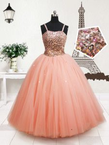 Straps Peach Sleeveless Floor Length Beading and Sequins Zipper Custom Made Pageant Dress