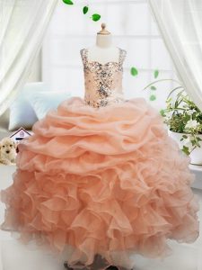 Orange Pageant Dresses Quinceanera and Wedding Party and For with Beading and Ruffles and Pick Ups Straps Sleeveless Zipper