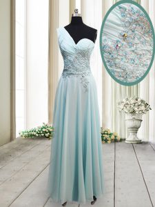 Light Blue One Shoulder Neckline Beading and Appliques Mother Of The Bride Dress Sleeveless Side Zipper