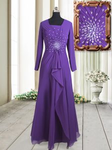 Most Popular Square Purple Column/Sheath Beading Mother Of The Bride Dress Zipper Chiffon Long Sleeves Floor Length