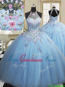 Suitable High-neck Sleeveless Tulle Sweet 16 Quinceanera Dress Embroidery Lace Up