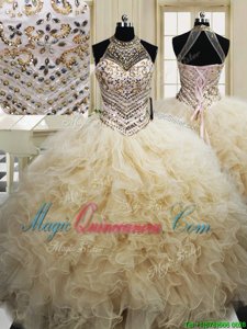 Deluxe Champagne Lace Up Halter Top Beading and Ruffles Vestidos de Quinceanera Tulle Sleeveless