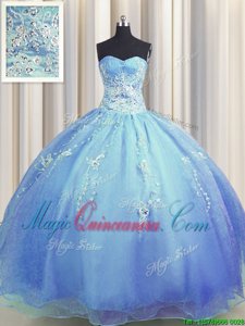 Superior Zipper Up Sleeveless Floor Length Beading and Appliques Zipper 15th Birthday Dress with Blue