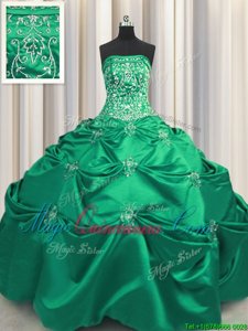 Taffeta Strapless Sleeveless Lace Up Beading and Appliques and Embroidery Vestidos de Quinceanera in Turquoise