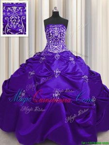 Floor Length Purple Quinceanera Gowns Taffeta Sleeveless Beading and Appliques and Embroidery