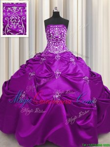 Glamorous Eggplant Purple Lace Up Strapless Beading and Appliques and Embroidery Sweet 16 Quinceanera Dress Taffeta Sleeveless