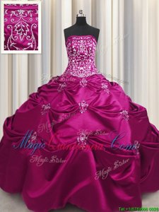 Nice Embroidery Fuchsia Sleeveless Taffeta Lace Up Sweet 16 Dresses for Military Ball and Sweet 16 and Quinceanera