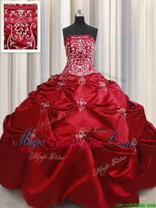 Wine Red Ball Gowns Taffeta Strapless Sleeveless Beading and Appliques and Embroidery Floor Length Lace Up Ball Gown Prom Dress