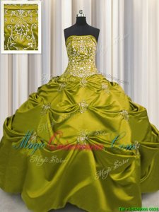 Beading and Appliques and Embroidery Quinceanera Dress Olive Green Lace Up Sleeveless Floor Length