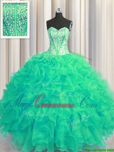 Visible Boning Beaded Bodice Sweetheart Sleeveless Organza Quinceanera Gown Beading and Ruffles Lace Up