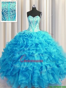 Dramatic Visible Boning Bling-bling Sleeveless Beading and Ruffles Lace Up 15th Birthday Dress