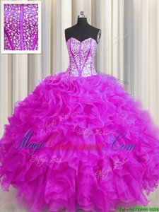 Visible Boning Beaded Bodice Fuchsia Quinceanera Dresses Military Ball and Sweet 16 and Quinceanera and For with Beading and Ruffles Sweetheart Sleeveless Lace Up