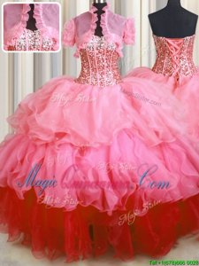 Cute Visible Boning Bling-bling Ball Gowns Sweet 16 Quinceanera Dress Rose Pink Sweetheart Organza Sleeveless Floor Length Lace Up