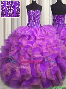 Visible Boning Beaded Bodice Multi-color Strapless Lace Up Beading and Ruffles Quinceanera Dress Sleeveless