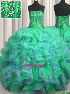 Visible Boning Beaded Bodice Strapless Sleeveless Organza Quinceanera Gown Beading and Ruffles Lace Up