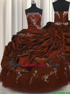Best Selling Embroidery Burgundy Taffeta Lace Up Strapless Sleeveless Floor Length Sweet 16 Quinceanera Dress Beading and Appliques and Pick Ups